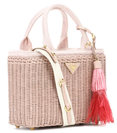 Shop Prada Leather-trimmed Wicker Tote In Pink