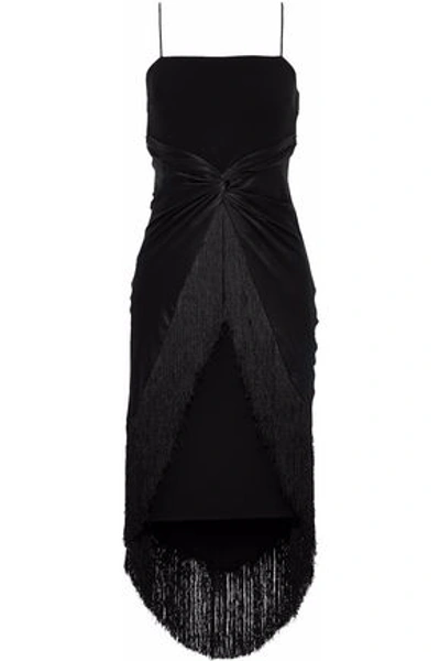 Shop Cinq À Sept Woman Yolette Twist-front Satin-paneled Fringe-trimmed Crepe Dress Black