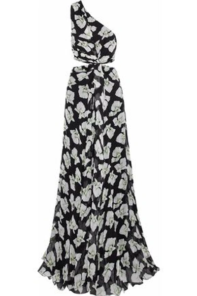 Shop Cinq À Sept Woman Goldie One-shoulder Cutout Floral-print Chiffon Gown Black