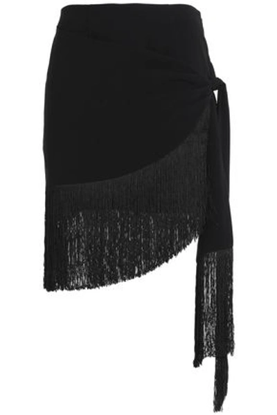 Shop Cinq À Sept Marlon Wrap-effect Fringed Crepe Mini Skirt In Black