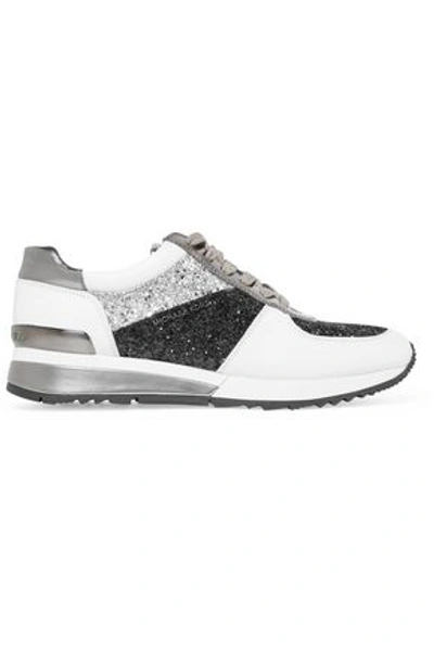 Shop Michael Michael Kors Woman Allie Glittered Paneled Leather And Patent-leather Sneakers White
