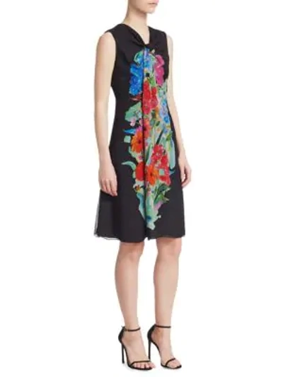 Shop Giorgio Armani Floral Print Silk Georgette Drape Front A-line Dress In Black Floral