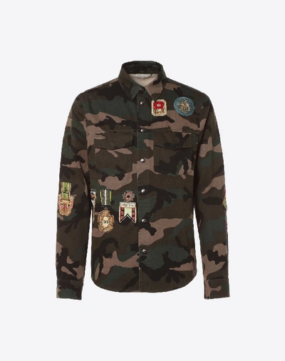 Shop Valentino Outerwear Shirt With Military Embroidery In Military Green