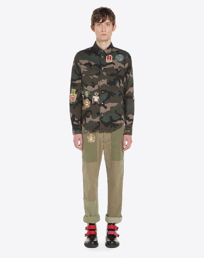 Shop Valentino Outerwear Shirt With Military Embroidery In Military Green