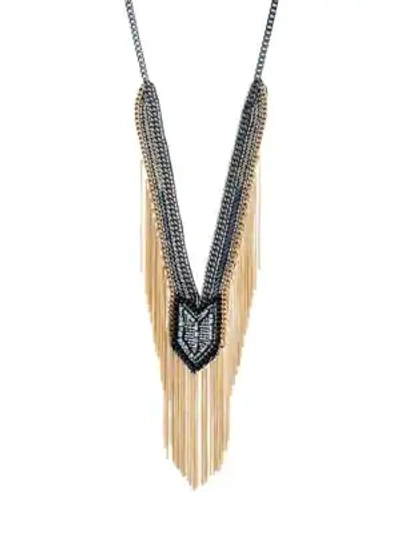 Shop Abs By Allen Schwartz Smoke And Mirrors Fringe Beaded Y Necklace In Gold Gunmetal