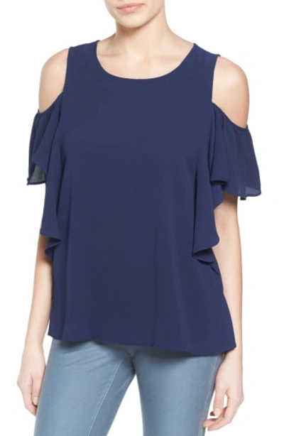 Shop Bobeau Cold Shoulder Ruffle Sleeve Top In Navy Peacoat