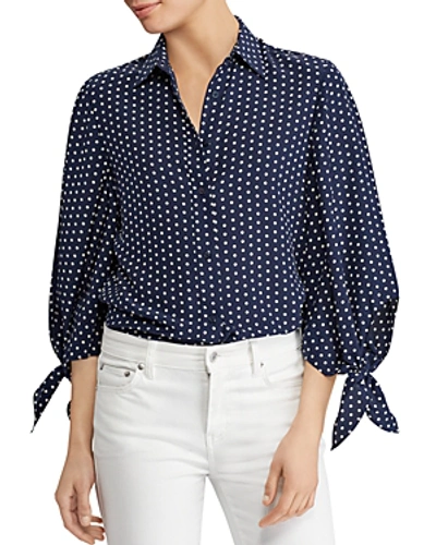 Shop Ralph Lauren Lauren  Silk Dotted Tie-sleeve Top - 100% Exclusive In Navy/white
