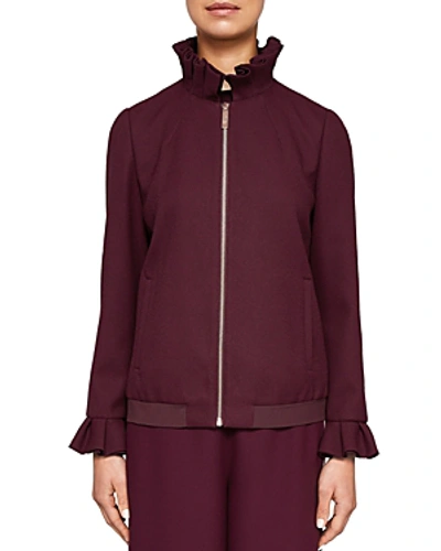 Shop Ted Baker Ted Says Relax Lydiah Ruffled Bomber Jacket In Oxblood