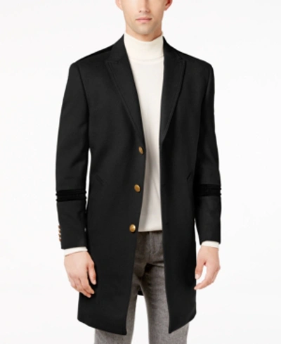 Shop Tallia Men's Big & Tall Slim-fit Peak-lapel Overcoat With Tonal Velvet Trim In Black