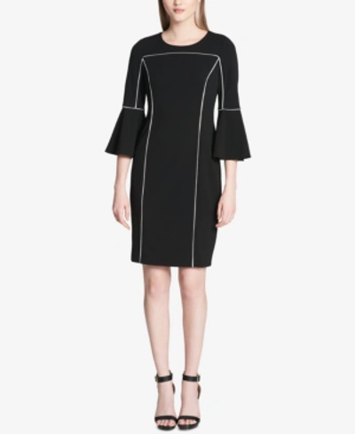 Shop Calvin Klein Pipe-trim Bell-sleeve Dress In Black