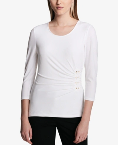 Shop Calvin Klein 3/4-sleeve Side-laced Top In Soft White