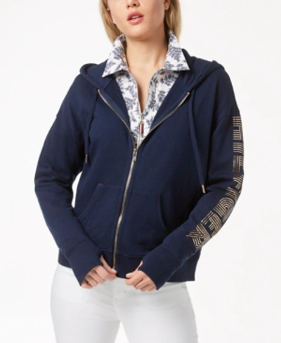 Shop Tommy Hilfiger Sport French Terry Logo-sleeve Hoodie, Created For Macy's In Navy