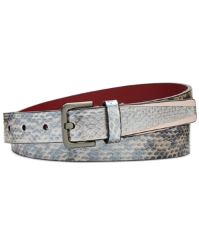 Shop Calvin Klein Pearlized Snake-embossed Leather Belt In Black With Pewter And Brushed Gold