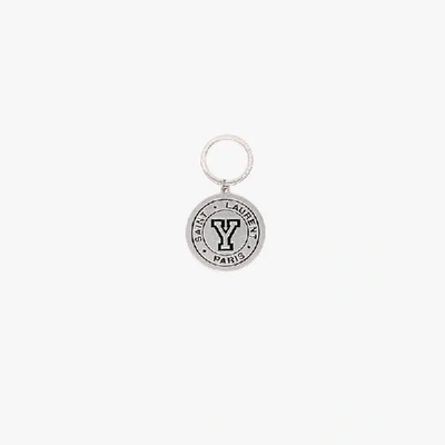 Shop Saint Laurent Silver Toned Slp Logo Keyring In Metallic