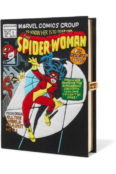 Shop Olympia Le-tan Spider-woman Appliquéd Cotton-canvas Clutch In Black