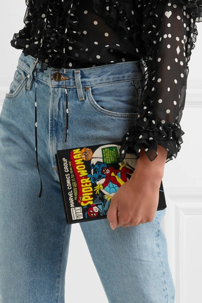 Shop Olympia Le-tan Spider-woman Appliquéd Cotton-canvas Clutch In Black