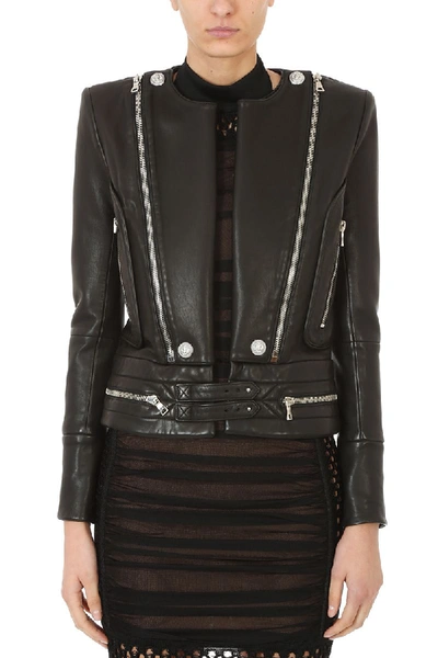 Shop Balmain Zip Detail Leather Jacket In Black
