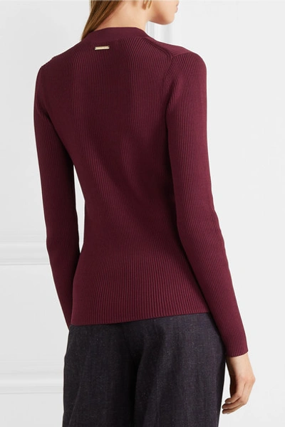 Shop Michael Michael Kors Lace-up Ribbed-knit Top In Burgundy