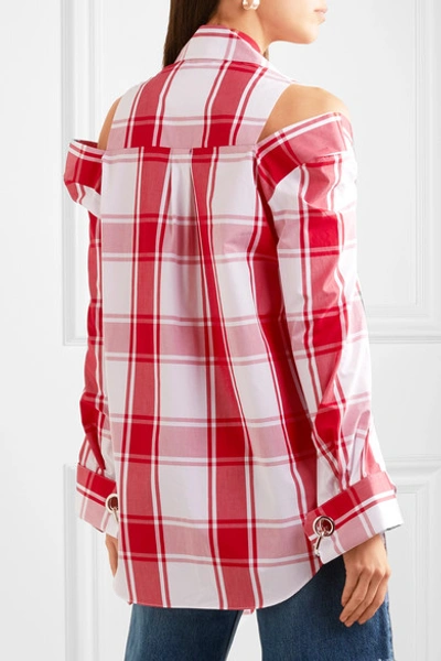 Shop Monse Embellished Cold-shoulder Checked Cotton-poplin Shirt In Red