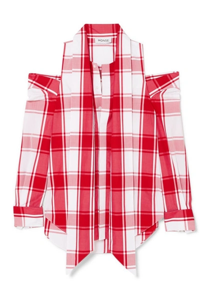 Shop Monse Embellished Cold-shoulder Checked Cotton-poplin Shirt In Red