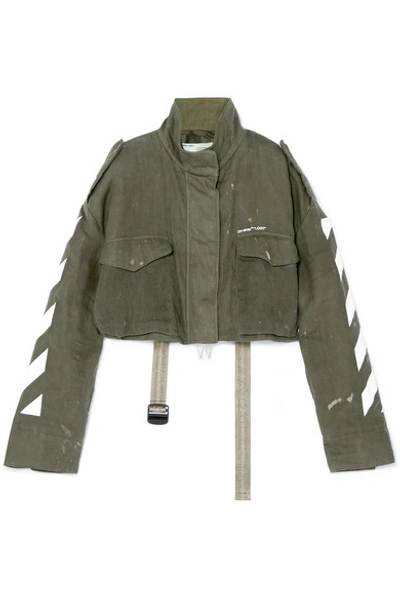 Shop Off-white Cropped Printed Linen Jacket In Army Green
