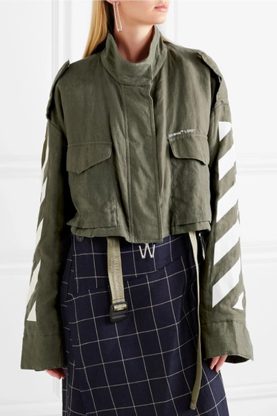 Shop Off-white Cropped Printed Linen Jacket In Army Green