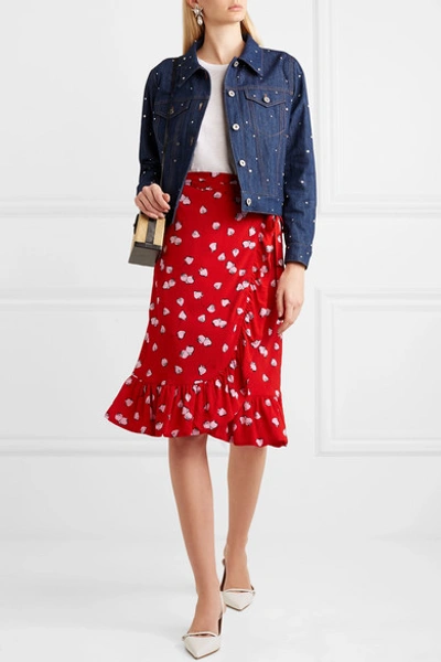 Shop Miu Miu Ruffled Printed Crepe Wrap Skirt In Red