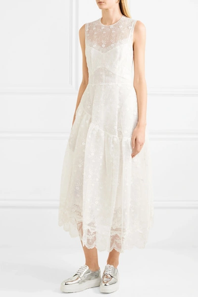 Shop Simone Rocha Asymmetric Embroidered Tulle Midi Dress In Ivory