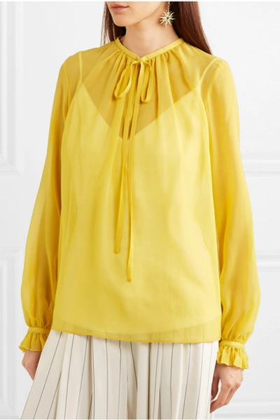 Shop Giambattista Valli Gathered Silk-georgette Blouse In Yellow