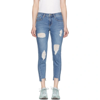 Shop Sjyp Blue Unbalanced Hem Straight-leg Jeans In 0033 Denim