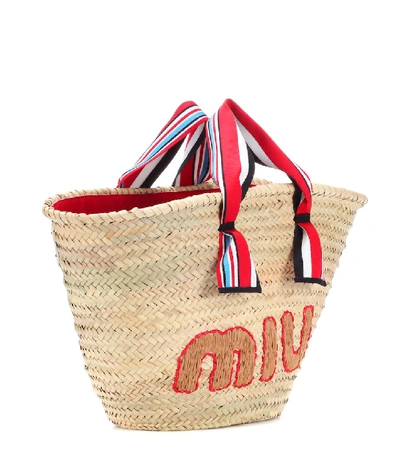 Shop Miu Miu Woven Straw Tote In Beige