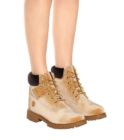 Shop Off-white X Timberland Velvet Ankle Boots In Beige