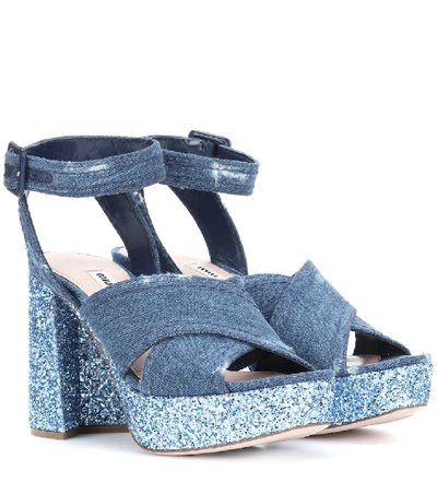 Shop Miu Miu Denim And Glitter Plateau Sandals In Blue