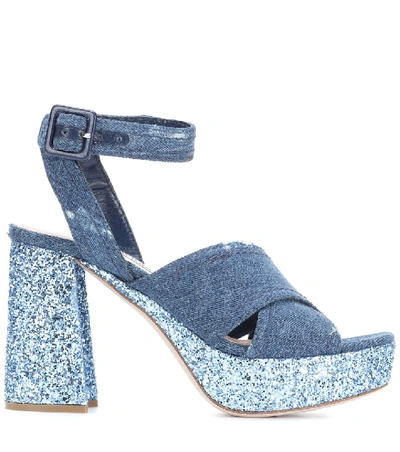 Shop Miu Miu Denim And Glitter Plateau Sandals In Blue
