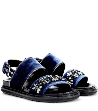 Shop Marni Embellished Velvet Sandals In Blue