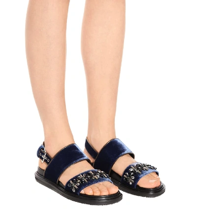 Shop Marni Embellished Velvet Sandals In Blue