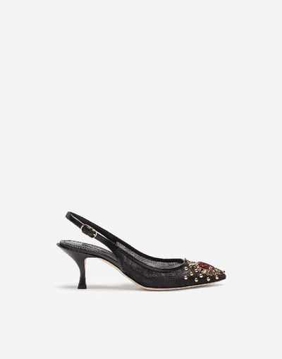 Shop Dolce & Gabbana Mesh Slingback With Embroidery And Appliqués In Black