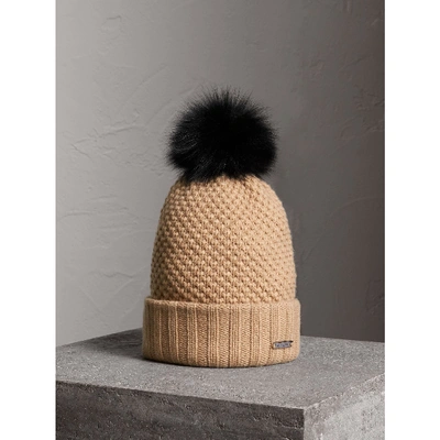 Shop Burberry Fur Pom-pom Wool Cashmere Beanie In Camel