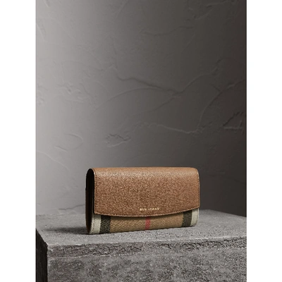 Shop Burberry House Check And Leather Continental Wallet In Dark Sand