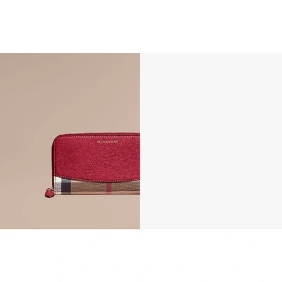 Shop Burberry House Check And Leather Ziparound Wallet In Russet Red