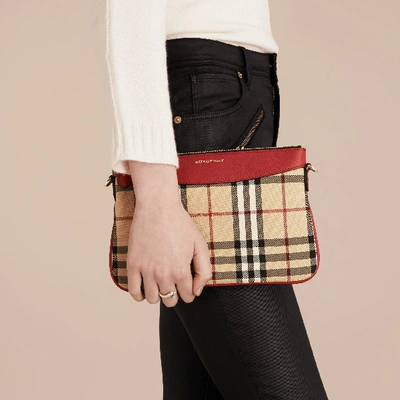 Shop Burberry Horseferry Check And Leather Clutch Bag In Parade Red