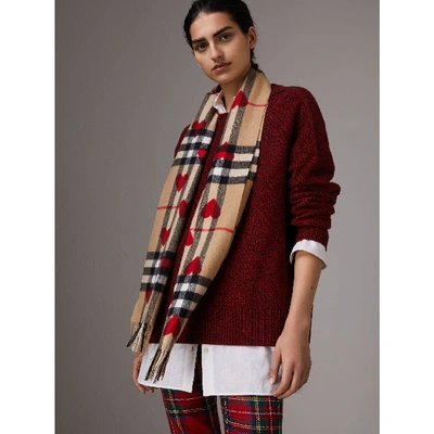Shop Burberry The Classic Cashmere Scarf In Check And Hearts In Parade Red