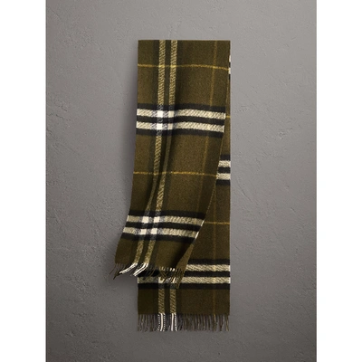 Burberry The Classic Check Cashmere Scarf In Olive Green | ModeSens