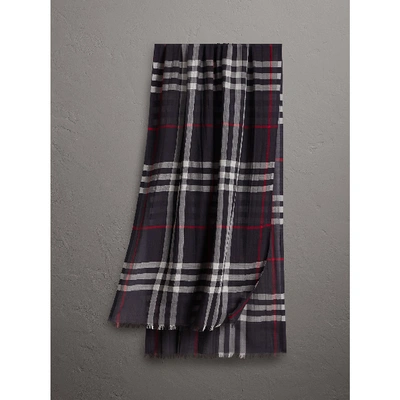 Shop Burberry Lightweight Check Wool And Silk Scarf In Navy