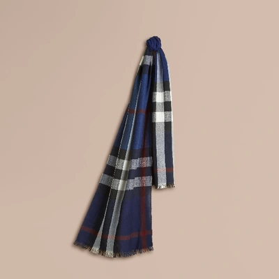 Shop Burberry Lightweight Check Wool Cashmere Scarf In Navy