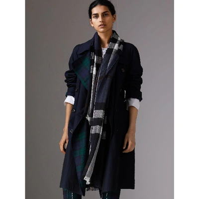 Shop Burberry Lightweight Check Wool Cashmere Scarf In Navy