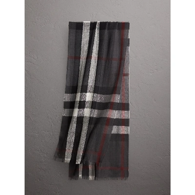 Shop Burberry Lightweight Check Wool Cashmere Scarf In Charcoal