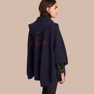 Shop Burberry Wool Cashmere Blend Hooded Poncho In Navy/black