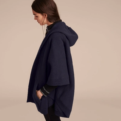 Shop Burberry Wool Cashmere Blend Hooded Poncho In Navy/black