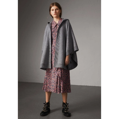 Shop Burberry Wool Cashmere Blend Hooded Poncho In Mid Grey Melange